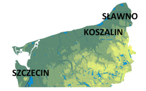 Zdjęcie przedstawia mapę województwa zachodniopomorskiego z zaznaczonymi lokalizacjami w Szczecinie, Koszalinie i Sławnie
